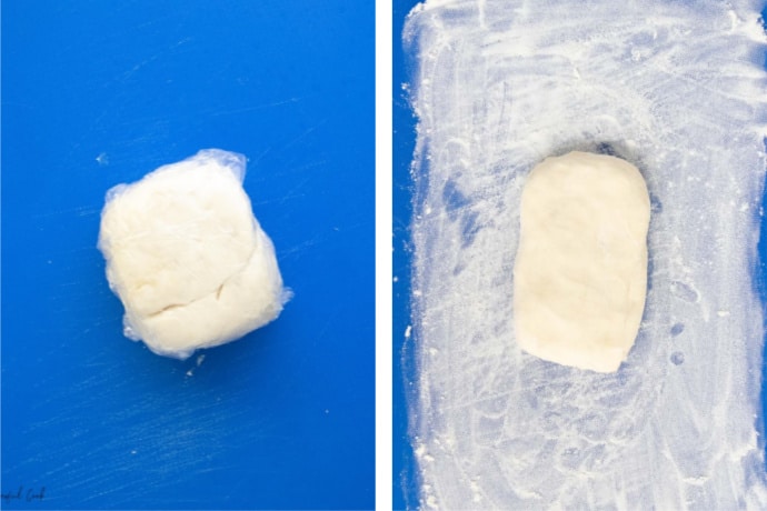 步骤3 -用保鲜膜包裹面团，冷冻15分钟-步骤4 -在12x8的区域涂上面粉，擀出冷冻的面团gydF4y2Ba